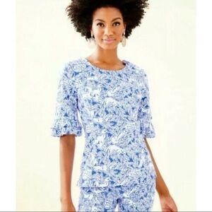 Lilly Pulitzer Top Sz 4 Fiesta Top Coastal Blue Fancy Feet White Blue NWT 002104